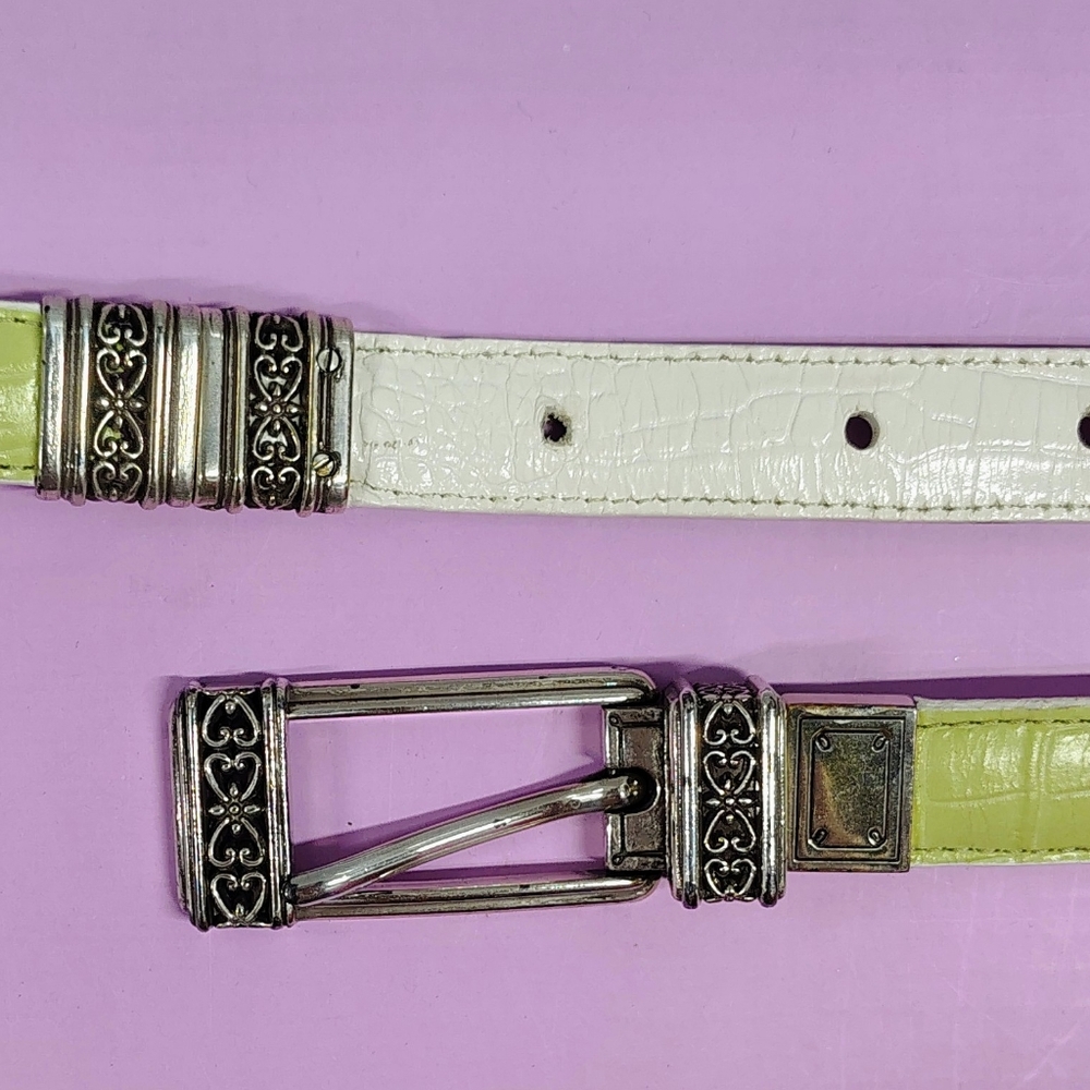 VTG Brighton Reversible Ivory to Green Leather Silver Hearts Boho Belt Sz L.